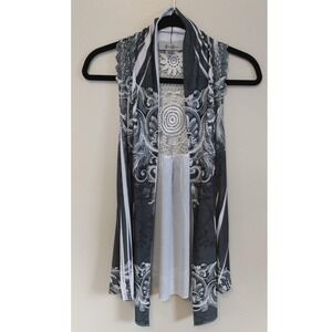 BOHO Monochrome Lace Inset Open Front Duster Vest Lg Whimsigoth Vintage Romantic